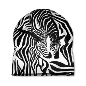 Шапка 3D с принтом Зебра в Екатеринбурге, 100% полиэстер | универсальный размер, печать по всей поверхности изделия | Тематика изображения на принте: дикое | животное | зебра | камуфляж | лошадь | маскировка | полосы | текстура | фон | черно белые