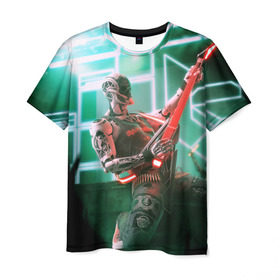Мужская футболка 3D с принтом Rocker Robot в Екатеринбурге, 100% полиэфир | прямой крой, круглый вырез горловины, длина до линии бедер | rock | гитара | музыка | робот | рок