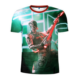 Мужская футболка 3D спортивная с принтом Rocker Robot в Екатеринбурге, 100% полиэстер с улучшенными характеристиками | приталенный силуэт, круглая горловина, широкие плечи, сужается к линии бедра | Тематика изображения на принте: rock | гитара | музыка | робот | рок