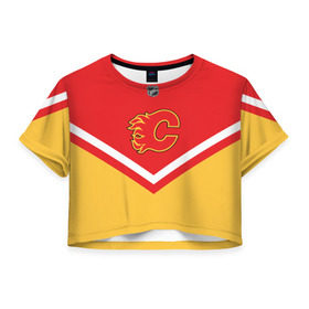 Женская футболка 3D укороченная с принтом Calgary Flames в Екатеринбурге, 100% полиэстер | круглая горловина, длина футболки до линии талии, рукава с отворотами | 