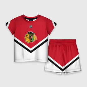 Детский костюм с шортами 3D с принтом Chicago Blackhawks в Екатеринбурге,  |  | america | canada | hockey | nhl | usa | америка | блэкхокс | канада | лед | нхл | сша | хоккей | чикаго