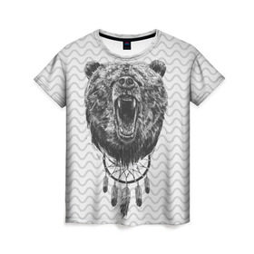 Женская футболка 3D с принтом Bear Dreamcatcher в Екатеринбурге, 100% полиэфир ( синтетическое хлопкоподобное полотно) | прямой крой, круглый вырез горловины, длина до линии бедер | bear | beast | forest | russia | siberian | зверь | лес | ловец | медведь | россия | сибирь | сон | ярость