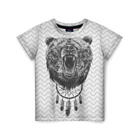 Детская футболка 3D с принтом Bear Dreamcatcher в Екатеринбурге, 100% гипоаллергенный полиэфир | прямой крой, круглый вырез горловины, длина до линии бедер, чуть спущенное плечо, ткань немного тянется | Тематика изображения на принте: bear | beast | forest | russia | siberian | зверь | лес | ловец | медведь | россия | сибирь | сон | ярость