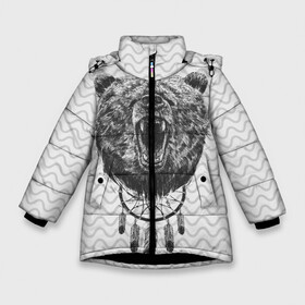 Зимняя куртка для девочек 3D с принтом Bear Dreamcatcher в Екатеринбурге, ткань верха — 100% полиэстер; подклад — 100% полиэстер, утеплитель — 100% полиэстер. | длина ниже бедра, удлиненная спинка, воротник стойка и отстегивающийся капюшон. Есть боковые карманы с листочкой на кнопках, утяжки по низу изделия и внутренний карман на молнии. 

Предусмотрены светоотражающий принт на спинке, радужный светоотражающий элемент на пуллере молнии и на резинке для утяжки. | bear | beast | forest | russia | siberian | зверь | лес | ловец | медведь | россия | сибирь | сон | ярость