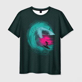 Мужская футболка 3D с принтом Shark Vortex в Екатеринбурге, 100% полиэфир | прямой крой, круглый вырез горловины, длина до линии бедер | Тематика изображения на принте: акула | закат | море | океан | рыба | серф | солнце