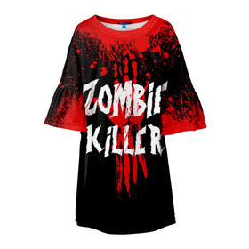 Детское платье 3D с принтом Zombie Killer в Екатеринбурге, 100% полиэстер | прямой силуэт, чуть расширенный к низу. Круглая горловина, на рукавах — воланы | Тематика изображения на принте: blood | dark | killer | monster | zombie | зомби | кровь | монстр | нечисть