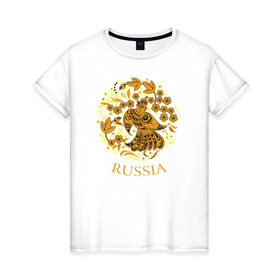 Женская футболка хлопок с принтом Russia Forever в Екатеринбурге, 100% хлопок | прямой крой, круглый вырез горловины, длина до линии бедер, слегка спущенное плечо | народный | орнамент | роспись | традиционный