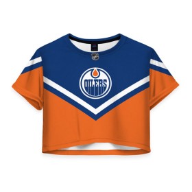 Женская футболка 3D укороченная с принтом Edmonton Oilers в Екатеринбурге, 100% полиэстер | круглая горловина, длина футболки до линии талии, рукава с отворотами | america | canada | hockey | nhl | usa | америка | детройт | канада | лед | нхл | ойлерз | сша | хоккей | эдмонтон
