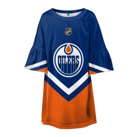 Детское платье 3D с принтом Edmonton Oilers в Екатеринбурге, 100% полиэстер | прямой силуэт, чуть расширенный к низу. Круглая горловина, на рукавах — воланы | america | canada | hockey | nhl | usa | америка | детройт | канада | лед | нхл | ойлерз | сша | хоккей | эдмонтон