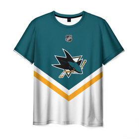 Мужская футболка 3D с принтом San Jose Sharks в Екатеринбурге, 100% полиэфир | прямой крой, круглый вырез горловины, длина до линии бедер | Тематика изображения на принте: america | canada | hockey | nhl | usa | акула | америка | канада | лед | нхл | сан хосе | сша | хоккей | шаркс