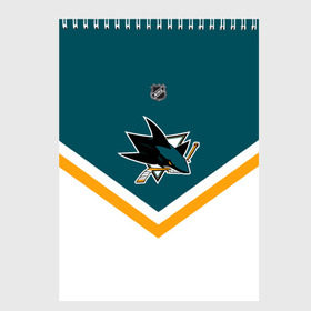 Скетчбук с принтом San Jose Sharks в Екатеринбурге, 100% бумага
 | 48 листов, плотность листов — 100 г/м2, плотность картонной обложки — 250 г/м2. Листы скреплены сверху удобной пружинной спиралью | america | canada | hockey | nhl | usa | акула | америка | канада | лед | нхл | сан хосе | сша | хоккей | шаркс