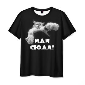 Мужская футболка 3D с принтом Иди сюда! в Екатеринбурге, 100% полиэфир | прямой крой, круглый вырез горловины, длина до линии бедер | киска | кот | котёнок | кошка | лапа | прикольные картинки