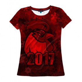 Женская футболка 3D с принтом Огненный петух в Екатеринбурге, 100% полиэфир ( синтетическое хлопкоподобное полотно) | прямой крой, круглый вырез горловины, длина до линии бедер | животное | зима | красный | новый год | символ | снежинки