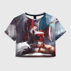 Женская футболка 3D укороченная с принтом Ahri Fox в Екатеринбурге, 100% полиэстер | круглая горловина, длина футболки до линии талии, рукава с отворотами | ahri | battle fox ahri | league of legends | ари | лига легенд
