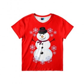 Детская футболка 3D с принтом Снеговик в Екатеринбурге, 100% гипоаллергенный полиэфир | прямой крой, круглый вырез горловины, длина до линии бедер, чуть спущенное плечо, ткань немного тянется | 2017 | дед мороз | зима | новый год | снеговик | снежинки