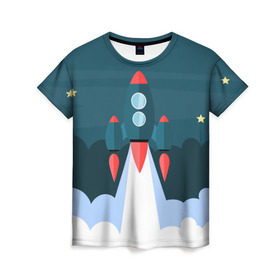 Женская футболка 3D с принтом Ракета в Екатеринбурге, 100% полиэфир ( синтетическое хлопкоподобное полотно) | прямой крой, круглый вырез горловины, длина до линии бедер | звёзды | космический корабль | космическое пространство | космос | созвездие