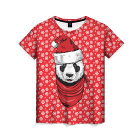 Женская футболка 3D с принтом Панда Клаус в Екатеринбурге, 100% полиэфир ( синтетическое хлопкоподобное полотно) | прямой крой, круглый вырез горловины, длина до линии бедер | animal | bear | beast | claus | panda | santa | дед мороз | елка | зверь | клаус | медведь | новый год | панда | рождество | санта | снег