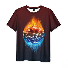 Мужская футболка 3D с принтом Огонь против воды в Екатеринбурге, 100% полиэфир | прямой крой, круглый вырез горловины, длина до линии бедер | Тематика изображения на принте: battle | fire | galaxy | planet | space | water | битва | вода | галактика | земля | космос | огонь | пламя | планета