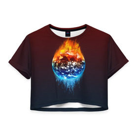 Женская футболка 3D укороченная с принтом Огонь против воды в Екатеринбурге, 100% полиэстер | круглая горловина, длина футболки до линии талии, рукава с отворотами | battle | fire | galaxy | planet | space | water | битва | вода | галактика | земля | космос | огонь | пламя | планета