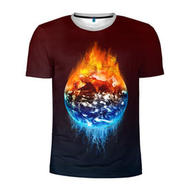 Мужская футболка 3D спортивная с принтом Огонь против воды в Екатеринбурге, 100% полиэстер с улучшенными характеристиками | приталенный силуэт, круглая горловина, широкие плечи, сужается к линии бедра | Тематика изображения на принте: battle | fire | galaxy | planet | space | water | битва | вода | галактика | земля | космос | огонь | пламя | планета