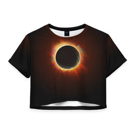 Женская футболка 3D укороченная с принтом Солнечное затмение в Екатеринбурге, 100% полиэстер | круглая горловина, длина футболки до линии талии, рукава с отворотами | eclipse | moon | planet | solar | space | star | sun | затмение | звезда | космос | луна | планета | солнце