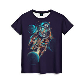 Женская футболка 3D с принтом Космический удар в Екатеринбурге, 100% полиэфир ( синтетическое хлопкоподобное полотно) | прямой крой, круглый вырез горловины, длина до линии бедер | cosmonaut | galaxy | planet | space | star | астронавт | галактика | звезда | космонавт | космос | планета