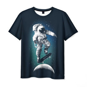 Мужская футболка 3D с принтом Космический скейтбординг в Екатеринбурге, 100% полиэфир | прямой крой, круглый вырез горловины, длина до линии бедер | cosmonaut | galaxy | planet | skate | space | star | галактика | звезды | космонавт | космос | планета | скейт