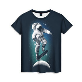 Женская футболка 3D с принтом Космический скейтбординг в Екатеринбурге, 100% полиэфир ( синтетическое хлопкоподобное полотно) | прямой крой, круглый вырез горловины, длина до линии бедер | cosmonaut | galaxy | planet | skate | space | star | галактика | звезды | космонавт | космос | планета | скейт