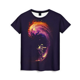 Женская футболка 3D с принтом Космический серфинг в Екатеринбурге, 100% полиэфир ( синтетическое хлопкоподобное полотно) | прямой крой, круглый вырез горловины, длина до линии бедер | Тематика изображения на принте: cosmonaut | galaxy | planet | space | star | surf | галактика | звезды | космонавт | космос | планета | серф