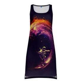 Платье-майка 3D с принтом Космический серфинг в Екатеринбурге, 100% полиэстер | полуприлегающий силуэт, широкие бретели, круглый вырез горловины, удлиненный подол сзади. | cosmonaut | galaxy | planet | space | star | surf | галактика | звезды | космонавт | космос | планета | серф
