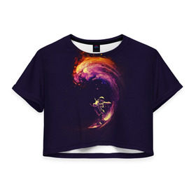 Женская футболка 3D укороченная с принтом Космический серфинг в Екатеринбурге, 100% полиэстер | круглая горловина, длина футболки до линии талии, рукава с отворотами | cosmonaut | galaxy | planet | space | star | surf | галактика | звезды | космонавт | космос | планета | серф