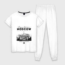Женская пижама хлопок с принтом Москва, ВДНХ в Екатеринбурге, 100% хлопок | брюки и футболка прямого кроя, без карманов, на брюках мягкая резинка на поясе и по низу штанин | 