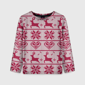 Детский лонгслив 3D с принтом Розовый свитер в Екатеринбурге, 100% полиэстер | длинные рукава, круглый вырез горловины, полуприлегающий силуэт
 | ангел | ёлка | ель | зима | колокольчик | нг | новый год | олень | рождество | санта | свитер | снег