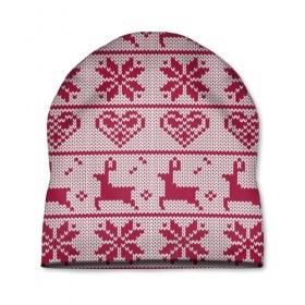 Шапка 3D с принтом Розовый свитер в Екатеринбурге, 100% полиэстер | универсальный размер, печать по всей поверхности изделия | ангел | ёлка | ель | зима | колокольчик | нг | новый год | олень | рождество | санта | свитер | снег