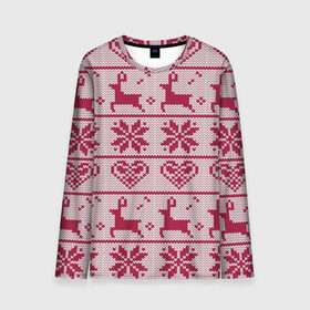 Мужской лонгслив 3D с принтом Розовый свитер в Екатеринбурге, 100% полиэстер | длинные рукава, круглый вырез горловины, полуприлегающий силуэт | ангел | ёлка | ель | зима | колокольчик | нг | новый год | олень | рождество | санта | свитер | снег