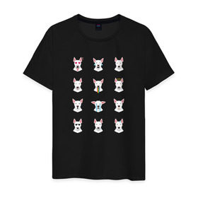 Мужская футболка хлопок с принтом 12 эмоций бультерьера в Екатеринбурге, 100% хлопок | прямой крой, круглый вырез горловины, длина до линии бедер, слегка спущенное плечо. | emoji | булечка | булик | буль | бультерьер | смайл | собака | эмоджи | эмодзи