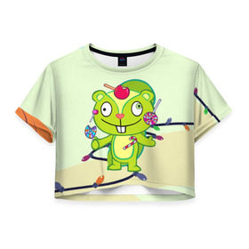Женская футболка 3D укороченная с принтом Happy Tree Friends в Екатеринбурге, 100% полиэстер | круглая горловина, длина футболки до линии талии, рукава с отворотами | 