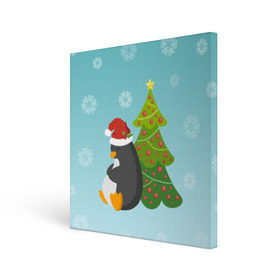 Холст квадратный с принтом Новогодний пингвинчик в Екатеринбурге, 100% ПВХ |  | елка | новый год | пингвин