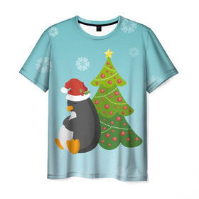 Мужская футболка 3D с принтом Новогодний пингвинчик в Екатеринбурге, 100% полиэфир | прямой крой, круглый вырез горловины, длина до линии бедер | Тематика изображения на принте: елка | новый год | пингвин