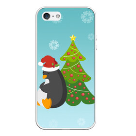 Чехол для iPhone 5/5S матовый с принтом Новогодний пингвинчик в Екатеринбурге, Силикон | Область печати: задняя сторона чехла, без боковых панелей | елка | новый год | пингвин