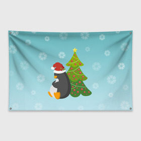 Флаг-баннер с принтом Новогодний пингвинчик в Екатеринбурге, 100% полиэстер | размер 67 х 109 см, плотность ткани — 95 г/м2; по краям флага есть четыре люверса для крепления | елка | новый год | пингвин