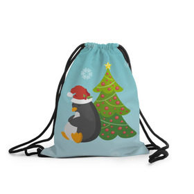 Рюкзак-мешок 3D с принтом Новогодний пингвинчик в Екатеринбурге, 100% полиэстер | плотность ткани — 200 г/м2, размер — 35 х 45 см; лямки — толстые шнурки, застежка на шнуровке, без карманов и подкладки | Тематика изображения на принте: елка | новый год | пингвин