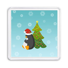 Магнит 55*55 с принтом Новогодний пингвинчик в Екатеринбурге, Пластик | Размер: 65*65 мм; Размер печати: 55*55 мм | Тематика изображения на принте: елка | новый год | пингвин