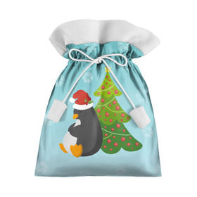 Подарочный 3D мешок с принтом Новогодний пингвинчик в Екатеринбурге, 100% полиэстер | Размер: 29*39 см | елка | новый год | пингвин