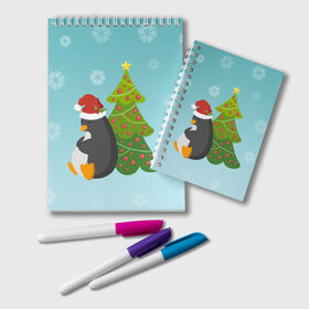 Блокнот с принтом Новогодний пингвинчик в Екатеринбурге, 100% бумага | 48 листов, плотность листов — 60 г/м2, плотность картонной обложки — 250 г/м2. Листы скреплены удобной пружинной спиралью. Цвет линий — светло-серый
 | Тематика изображения на принте: елка | новый год | пингвин
