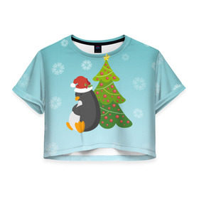 Женская футболка 3D укороченная с принтом Новогодний пингвинчик в Екатеринбурге, 100% полиэстер | круглая горловина, длина футболки до линии талии, рукава с отворотами | Тематика изображения на принте: елка | новый год | пингвин