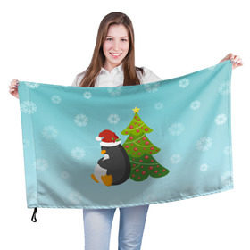 Флаг 3D с принтом Новогодний пингвинчик в Екатеринбурге, 100% полиэстер | плотность ткани — 95 г/м2, размер — 67 х 109 см. Принт наносится с одной стороны | елка | новый год | пингвин