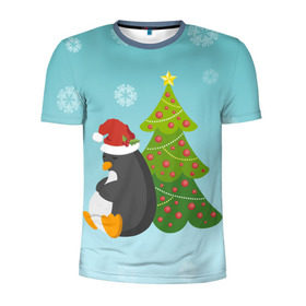 Мужская футболка 3D спортивная с принтом Новогодний пингвинчик в Екатеринбурге, 100% полиэстер с улучшенными характеристиками | приталенный силуэт, круглая горловина, широкие плечи, сужается к линии бедра | елка | новый год | пингвин