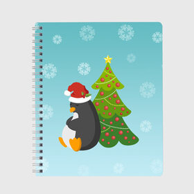 Тетрадь с принтом Новогодний пингвинчик в Екатеринбурге, 100% бумага | 48 листов, плотность листов — 60 г/м2, плотность картонной обложки — 250 г/м2. Листы скреплены сбоку удобной пружинной спиралью. Уголки страниц и обложки скругленные. Цвет линий — светло-серый
 | Тематика изображения на принте: елка | новый год | пингвин