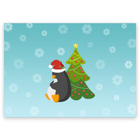Поздравительная открытка с принтом Новогодний пингвинчик в Екатеринбурге, 100% бумага | плотность бумаги 280 г/м2, матовая, на обратной стороне линовка и место для марки
 | Тематика изображения на принте: елка | новый год | пингвин